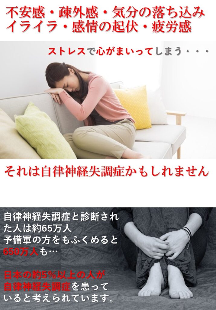 「不安感・疎外感・イライラ・感情の起伏・気分の落ち込み・疲労感」などの症状に悩まされている場合は「自律神経失調症」かもしれません。自律神経失調は日本の約5％以上の人が患うメジャーな疾患です。